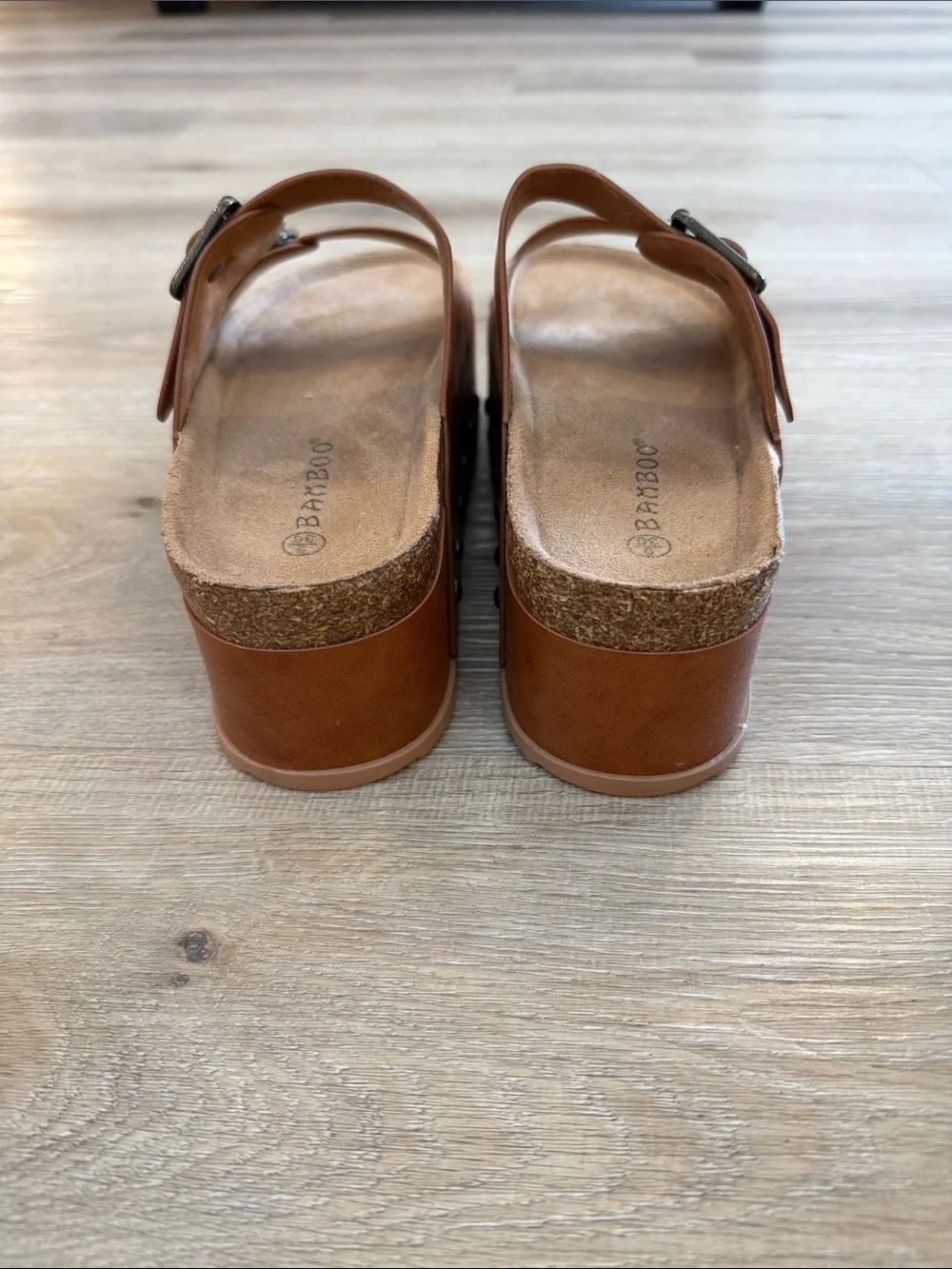 BAMBOO Cognac Double-Buckle Slide Sandals- never worn!